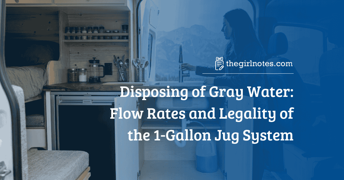 Woman at camper sink over one gallon gray water jug